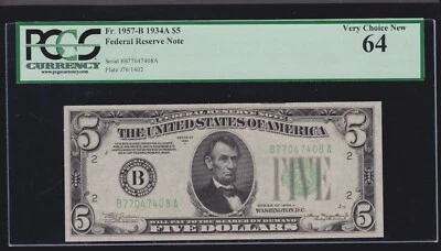 US 1934A $5 FRN New York FR 1957-B PCGS 64 V Ch CU (408) - Image 1 of 2