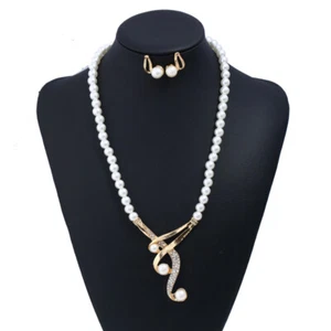 Gold Music Notes White Pearls Crystal Necklace Earrings Set Costume Jewellery - Picture 1 of 7