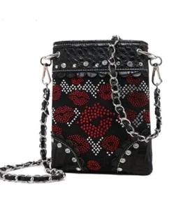 Lips Black Rhinestone Petite Phone Purse - Picture 1 of 6