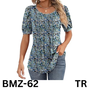 Ficerd Women's Puff Short Sleeve Tunic Tops Pleated Crew Neck Summer Blouses, L - Picture 1 of 7