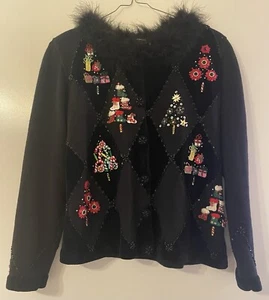 Jack B Quick Womens Christmas Sweater S Faux Fur Winter Vintage - Picture 1 of 6
