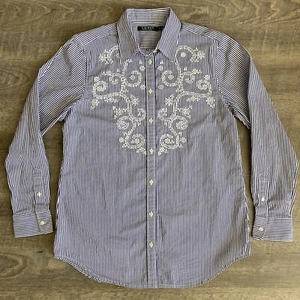 Ralph Lauren Blue White Long Sleeve Embroidered Striped Shirt Womens Med - Picture 1 of 5