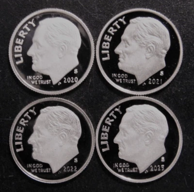 2020-2023-S Roosevelt Dime Gem Clad Cameo Proof Run 4 Coin Set US Mint Lot Foto 1 de 2