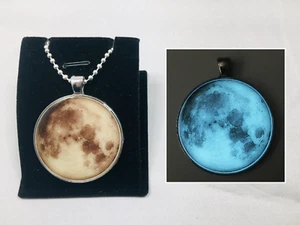 1.5" Inch GLOW IN THE DARK FULL MOON Space Universe Charm Pendant Necklace - Picture 1 of 2