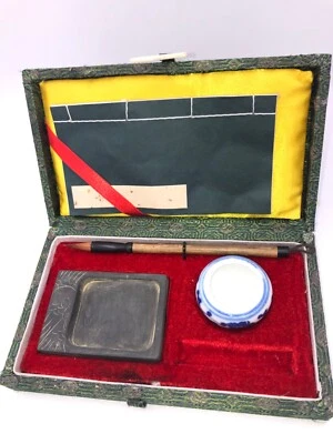 Chinese Art Brocade Box /Brush,Ink Stone, Stick, Water Pot, & Hsuan Paper Book, - Image 1 of 2