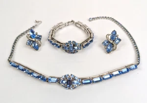 1960s Vintage Prong Set Blue Rhinestone Parure Necklace Bracelet Clip Earrings - Picture 1 of 11