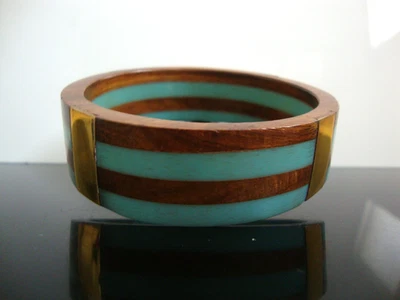 Lovely Laminated Turquoise Resin Wood & Brass Fancy Bangle Bracelet - Image 1 of 4