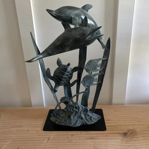 VTG Sea Life Bronze Metal Sculpture Turtle Dolphins Fish Heavy - Picture 1 of 12