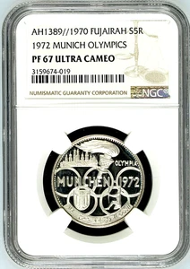 Fujairah UAE 1970 Silver 5 Riyals 1972 Summer Olympics Munich Germany NGC PF67 - Picture 1 of 4