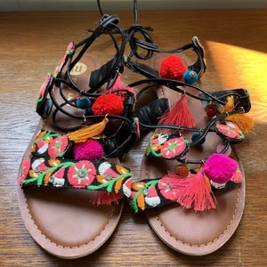 River Island HAVANA Pom Pom Embellished Gladiator Sandals Size 6 Boho Festival - Picture 1 of 8
