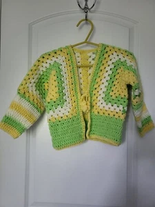 Handmade Crochet Granny Square Cardigan girl  Size 4/5 Yellow/White/Lime - Picture 1 of 6