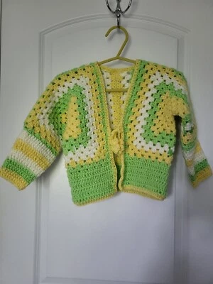 Cárdigan Cuadrado Abuela Crochet Hecho a Mano Niña Talla 4/5 Amarillo/Blanco/Lima Foto 1 de 4