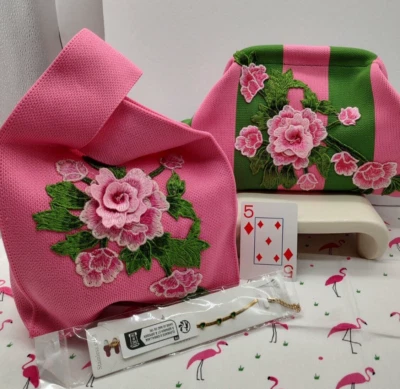 OOAK Handbag Tote Pink Green Stripe Clutch Purse Pink Small Great Bible Bag  5-d - Image 1 of 4