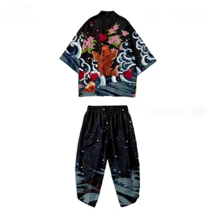 Men Kimono Coat Jacket Top Pants Trousers Outwear Japanese Loose Casual Fish - Picture 1 of 10