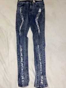 VIP Girls High Waist Distressed Denim Acid Skinny Blue Jeans Girls Size 11 / 12 - Picture 1 of 10