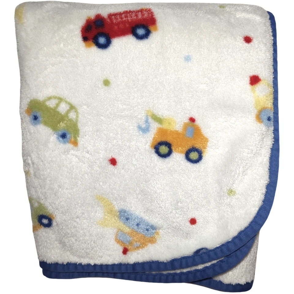 Just Born Baby Boy Car Firetruck Vehicles Blanket Lovey Soft Fleece White HTF - Image 1 of 4