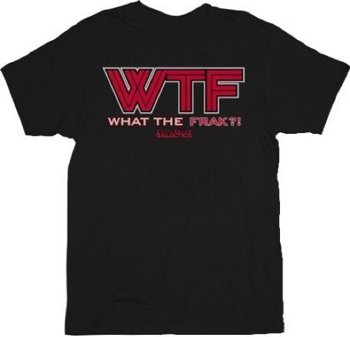 Camiseta Camiseta negra para adultos del programa de televisión Battlestar Galactica WTF logotipo rojo What The Frak Foto 1 de 1
