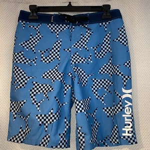Hurley Boys Blue Checkered Sharks Swim Board Shorts 8” Inseam Sz 16 - Picture 1 of 6