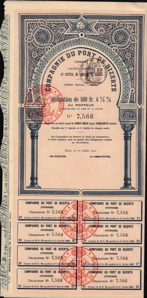 ÁFRICA TÚNEZ: Compagnie du Port de Bizerte dd 1912 Foto 1 de 1