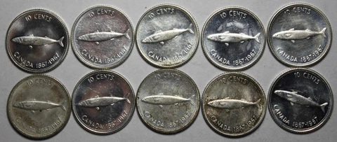 Canada 1967 Silver 10 Cents Lot Of 10, Lightly Circulated Or Better (PBX) Cover