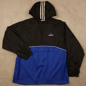 Vintage 90s Adidas Windbreaker Boys L Black Blue 1/4 Zip Pullover Vented Youth - Picture 1 of 16