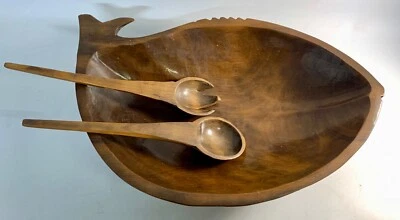 Tenedor tribal y cuchara de madera tallada a mano GRANDE de colección con tenedor ballena pescado ensaladera Foto 1 de 4