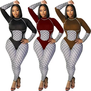HOT SALE Women Patchwork Long Sleeves Printed Bodycon Club Sporty Yoga Jumpsuit - Picture 1 of 15