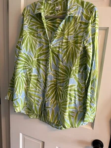 Sigrid Olsen Green Tropical Linen Tunic Blouse Large green blue roll up sleeve - Picture 1 of 3