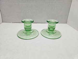 Vintage Green Depression Short Uranium Glass Round Candle Holders 2 1/2" UV Glow - Picture 1 of 8
