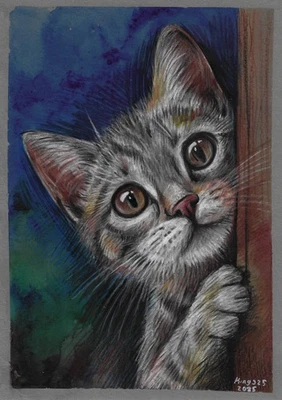 оригинальная картина A4 288KD художественные работы смешанные медиа современный кот - Изображение 1 из 4