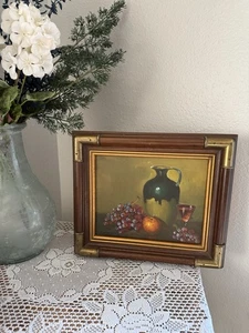 Vtg Framed Oil Painting Still Life Fruit Grapes Wine Carafe Signed Wood Brass - Picture 1 of 18