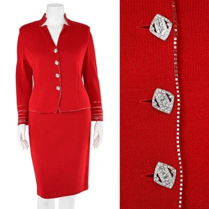 St. John Evening 2Pc Crystal Jacket & Skirt Set in Crimson Red/Silver sz 14/12 - Picture 1 of 15