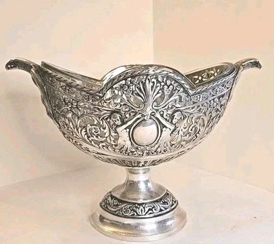 RARO Tazón Pedestal Perforado Portugués Plata Esterlina 12" Intrincado Pergamino SS  Foto 1 de 4