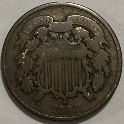 1868 US 2 Cent Piece Exact Coin Imaged Civil War Era #2C57 - Image 1 of 2