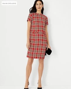 NEW ANN TAYLOR Red Multi Tweed Two Patch Pocket Jewel Neckline Dress (Size 6P) - Picture 1 of 14