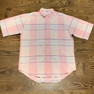 Levis Vintage Men’s Pink Sunwashed Chambray Short Sleeve Button Up Plaid Shirt M - Picture 1 of 8