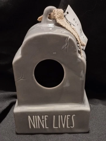 Rae Dunn Nine Lives Gray Tombstone Birdhouse Ceramic Decor Halloween New in Box Cover