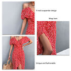 Dress V Neck Stylish Floral Sleeves Belted Irregular Long Slip Dress(Red L) ECM
