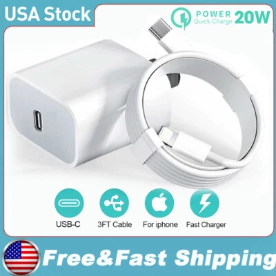20W Fast Charger USB-C PD Power Adapter&3ft Cable For iPhone 14 13 12 11 Pro Max - Image 1 of 4