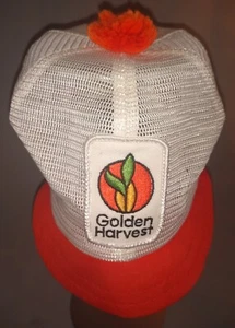 VINTAGE MESH Hat Cap Orange Pom Golden Harvest Seed Corny K Brand Snapback Brim - Picture 1 of 14