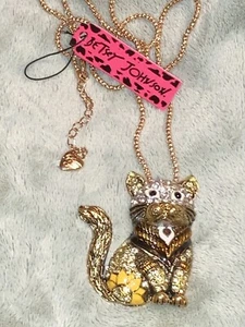 BETSEY JOHNSON YELLOW MULTI FLOWER  CRYSTAL CAT KITTY PENDANT NECKLACE - Picture 1 of 5