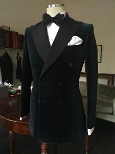 Men Velvet Jacket Coats Blazers Designer Black Double Breasted Tuxedo Dinner  - Picture 1 of 2