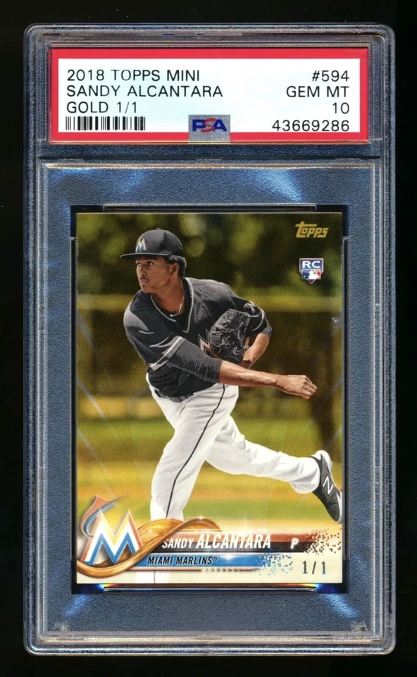 2018 TOPPS MINI 594 SANDY ALCANTARA RC GOLD MINI PARALLEL ROOKIE SSP #1/1 PSA 10 - Image 1 of 2