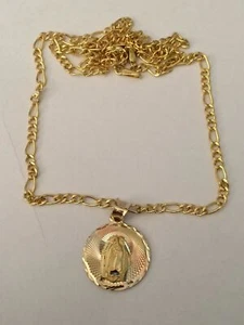 14k Yellow Rose Gold Religious Virgin Mary Pendant with Figaro chain 16" - 24" - Picture 1 of 12