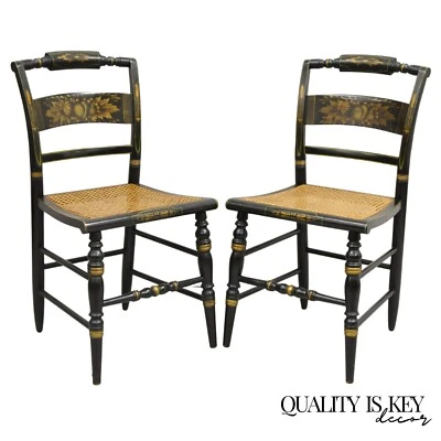 Vintage L. Hitchcock Black Stencil Harvest Decorated Cane Side Chair - a Pair - Image 1 of 4