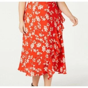 NWT Calvin Klein Midi Skirt Red Floral Wrap 16W Side Zip - Picture 1 of 10