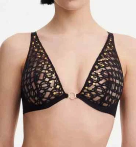 Chantelle X MetallX Plunge BH 34DDD schwarz mit goldenen Nieten Bügel 145 $ sexy! Neu mit Etikett - Bild 1 von 8