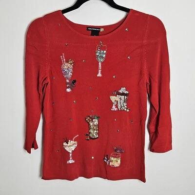 Blusa roja tropical Sweaterworks para mujer talla M adornada con cuentas cóctel Foto 1 de 4