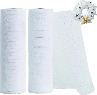 2 Rolls 10 Inch White Decorative Mesh Ribbbon Rolls, Fabric Mesh with Foil for M - Image 1 of 4