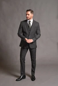 Grey Birdesye Three Piece Suit Slim Fit Wool Tom Percy - Picture 1 of 12